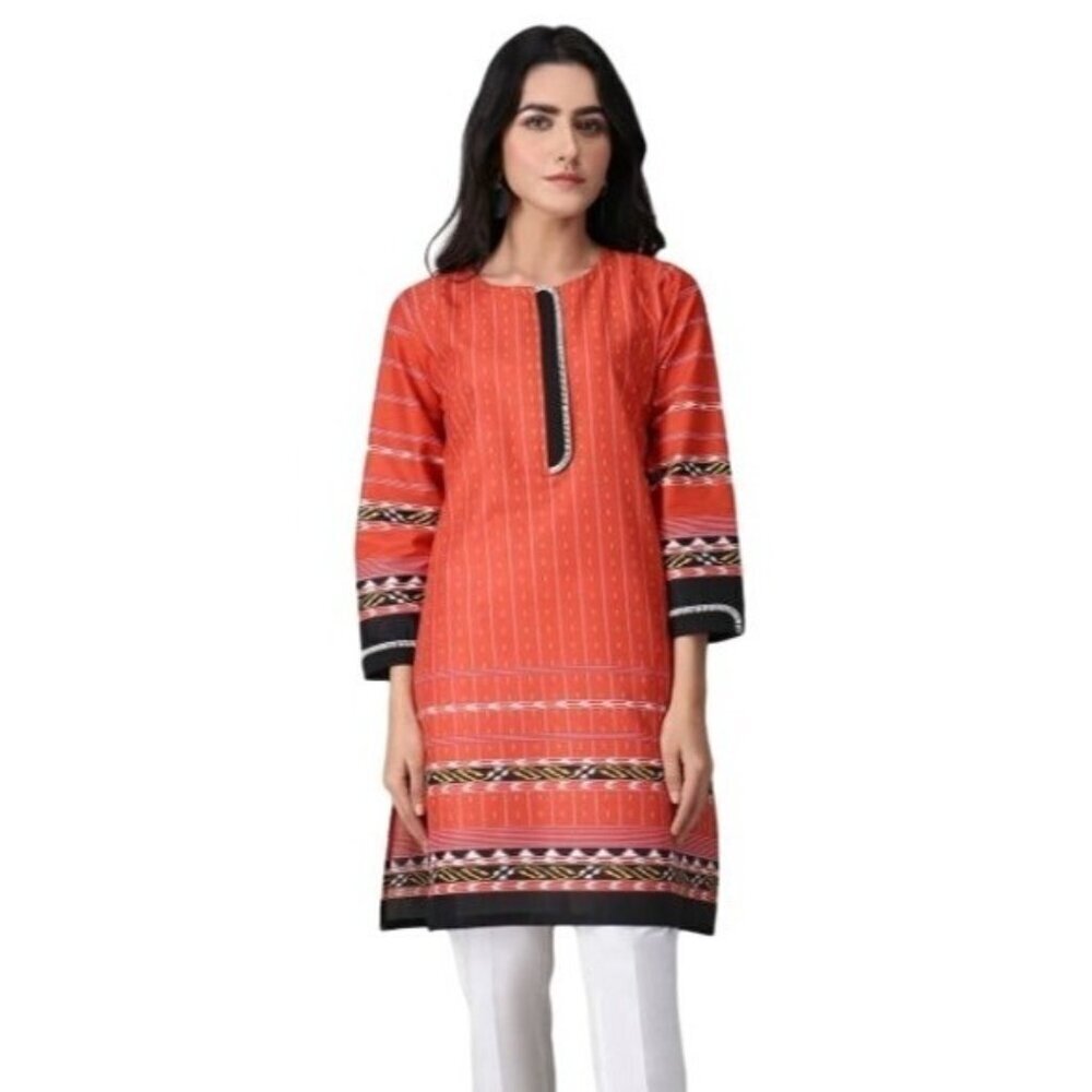Orange 3/4 sleeves printed kurti kurta tunic blouse shirt‎ women size Medium